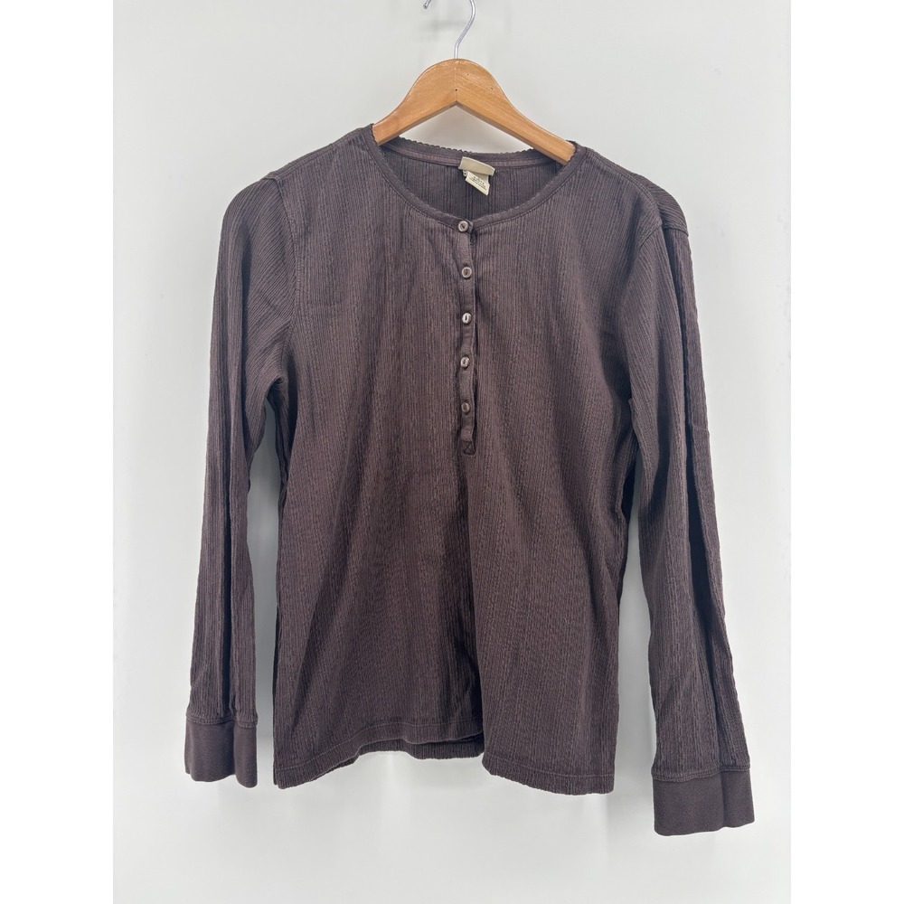 LL Bean T-Shirt Womens Dark Brown Cotton Ribbed Henley Long Sleeve Large Vintage
